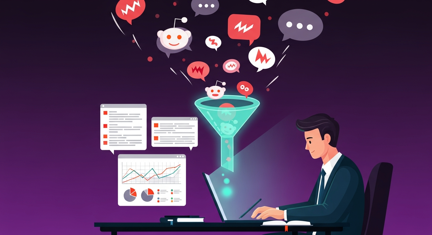 Founder analyzing Reddit threads on a laptop with conversation data flowing through a validation funnel into organized SaaS opportunity cards with confidence scores