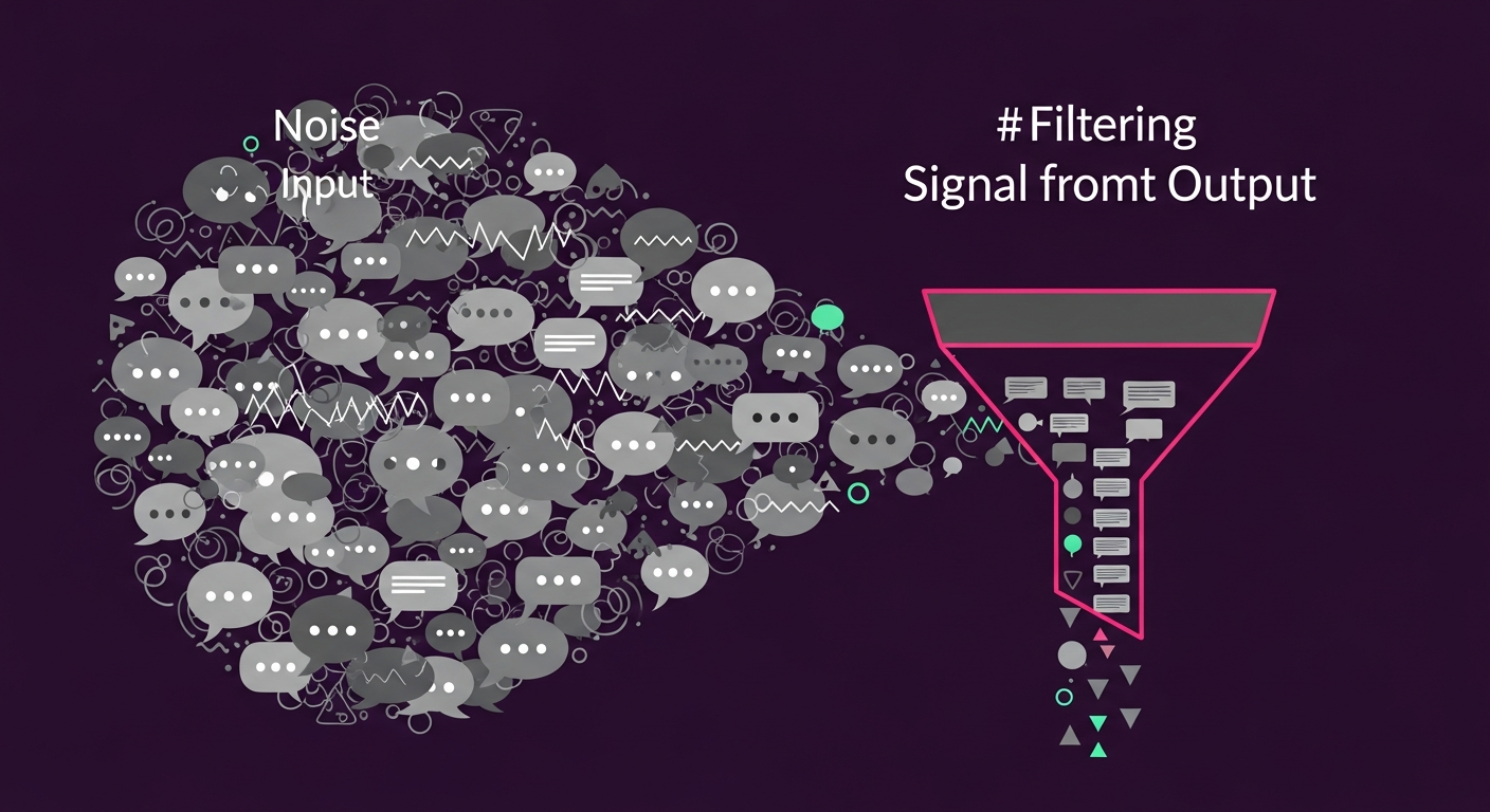 Illustration showing the process of filtering signal from noise in Reddit data analysis